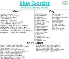 Blue Exorcist Birthday Scenario Game By Vanillatwilight143 On Deviantart Blue Exorcist Birthday Scenario Birthday Scenario Game
