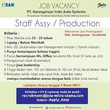 Kini kia service station berpindah dari kia service kartasura ke bengkel rpm penumping. Pt Jola Mitra Utama Halo Jobseeker Mitra Kami Pt Kias Karanganyar Indo Auto Systems Sedang Membuka Lowongan Posisi Staff Assy Production Dengan Kualifikasi Yang Tertulis Di Pamflet Jika Berminat