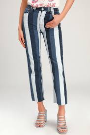 Heather Blue Multi Stripe High Waisted Straight Leg Jeans