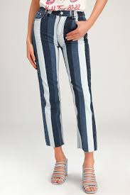 heather blue multi stripe high waisted straight leg jeans