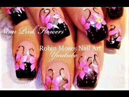 Bouquet of several kinds of flowers. Hot Pink Flowers Nails Black Tips Diy Neon Nail Art Design Tutorial Youtube