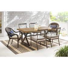 Stylewell Mix And Match 72 In Rectangular Metal Outdoor Dining Table With Farmhouse Trestle Base And Tile Tabletop 3038 Dt7 The Home Depot Patio Dining Furniture Outdoor Dining Table Outdoor Furniture Ideas Backyards