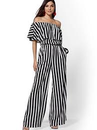 Black And White Striped Jumpsuit With Sleeves 7th Avenue Black White Stripe Off The Shoulder Jumpsuit New York Company Fashion Modest Fashion Outfits Black White Jumpsuit