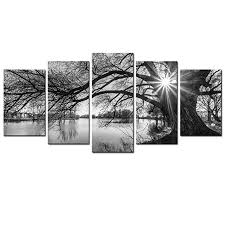 Black And White Framed Prints Amazon Amazon Com Sechars 5 Pieces Wall Art Old Tree By Lake Picture Canvas Prints Sunrise Painting Black And In 2020 Landscape Canvas Art Canvas Pictures Sunrise Painting