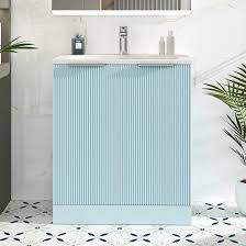Evora 700mm Matt Sky Blue Fluted Floor Standing Vanity Unit 2 Door with  Stone Basin