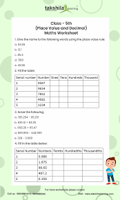 download free worksheet for class 5 maths place value and decimal