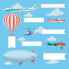 Flying Planes Helicopter And Airship Pulling Advertising Banners Vector Art Illustration Banner Advertising Helicopter Fly Plane