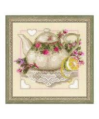 Counted cross stitch vintage patterns with teapot, teacup, hat and basket among flowers. Cross Stitch Zulily