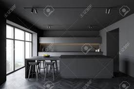 Popular choices of hard wood for worktops include oak, walnut. Interior Of Stylish Kitchen With Grey Walls Dark Wooden Floor Stock Photo Picture And Royalty Free Image Image 142658707