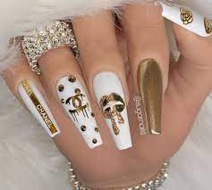 28+ pretty bling acrylic nail art designs , ideas | design. Makeuptrophy Shared A Photo On Instagram Repost Gold White Sugarnails1 Follow Makeuptrophy Fo Luxury Nails Chanel Nails Gucci Nails