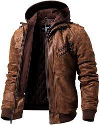 Flavor Men Brown Leather Motorcycle Jacket With Removable Hood Review Pakaian Pria Jaket Kulit Jaket