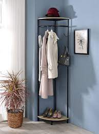 Tolbert Entryway Corner Hall Tree Coat Hat Rack With Storage Shelves Black Metal Oak Wood Walmart Com Corner Hall Tree Oak Shelves Engineered Wood Products