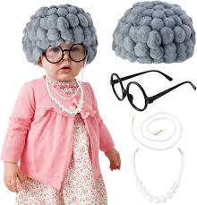 Conjunto de disfraz de anciana para niños, peluca de abuelita, lentes y  collar de cadena para disfraz de Halloween, 100 días de escuela