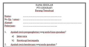 Pengangkutan awam atau transit awam merangkumi segala sistem pengangkutan yang mana penumpang tidak bergerak menggunakan kenderaan sendiri. Borang Temubual Pengangkutan Kerja Lapangan Tugasan Geografi Tingkatan 3 Pengangkutan Bumi Gemilang