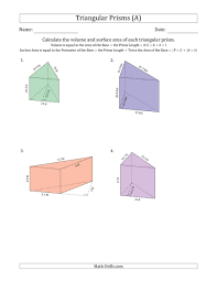 The Volume And Surface Area Of Triangular Prisms A Math Worksheet From The Measurement Worksheets Page In 2020 Measurement Worksheets Math Worksheet Triangular Prism