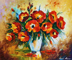 Hand painted yellow and red flowers in soft color. Red Flowers Painting Directly By The Artist