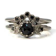 Black Diamond And Black Spinel Moon Engagement Victorian Gothic Palladium White Gold Ring Set Gothic Engagement Ring White Gold Ring Settings Black Wedding Rings