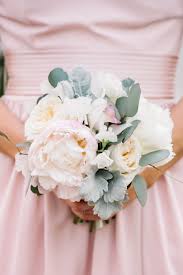 Pink and gold wedding colors make for a glamorous and romantic wedding; Pale Pink Peony White Roses Eucalyptus Leaves Bridesmaid Bouquet Dear Wesleyann Photograp Peony Bouquet Wedding Wedding Bouquets Peony Bridesmaid Bouquet