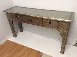 Moroccan Console Table Silver Carved Etched Metal Arabesque Furniture 2 Drawer Console Table Metal Etching Furniture