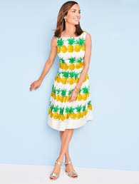 Colorful Pineapples Refresh A Classic Silhouette The Full Skirt And Square Neck Offer Comfortable Coverage Colourful Outfits Fit And Flare Dress Flare Dress