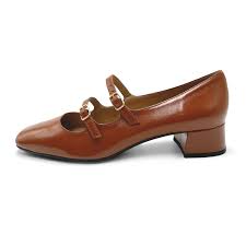Brown shiny leather Mary Jane shoes with two straps and high heels