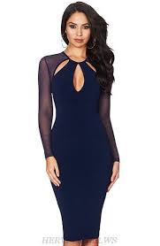 Herve Leger Navy Blue Long Sleeve Mesh Bandage Dress Bandage Dress Herve Leger Dresses Bandage Midi Dress
