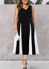 V Neck Color Block Plus Size High Waist Dress Modlily Com Usd 31 76