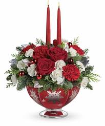 Silver Joy Centerpiece Lush Red Roses Red Carnations And White Miniature Carnat Christmas Flower Arrangements Holiday Flower Arrangements Christmas Flowers