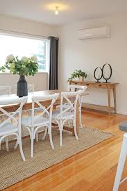 Contemporary Dining Family Home Polished Floorboards Timber Dining Table White Cross Back Dinin Dining Table Rug Timber Dining Table Rug Under Dining Table