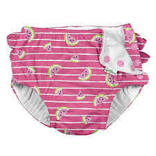 Girls' ruffle snap reusable absorbent swimsuit diaper. I Play By Green Sprouts Watermelon Ruffle Swim Diaper In Hot Pink Buybuy Baby