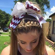 Braided High Pony Tail Cheer Hair Followed With A Chevron Name Bow Perfect For Cheer Cheer Ponytail Cheerleading Hairstyles Cheer Hair