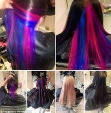 So That S How It S Done Another Chose To Have Hidden Electric Blues And Bright Pinks Under Her Shiny Hair Color Underneath Under Hair Color Rainbow Hair Color