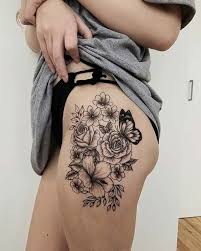 Floral Thigh Tattoo Idea Hiptattoo Floraltattoo Butterflytattoo Thigh Tattoos Women Tattoos For Women Flowers Butterfly Thigh Tattoo