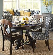 These Blue Damask Chairs Slipped In With Their Wooden Cousins Invite Diners To Make Themselves C Dining Room Furniture Sets Dining Chairs Dining Room Furniture