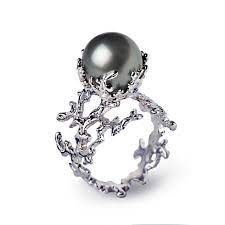 White Coral Tahitian Pearl Ring Black Pearl Engagement Ring Etsy Canada