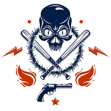 Logotipo Ou Tatuagem Do Emblema Do Gangster Com Tacos De Beisebol De Caveira Agressiva E Outras Armas E Elementos De Design Vetor Estilo Vintage De Gueto Criminoso Anarquia De Gangster Ou Tema