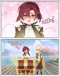 hafuku, aether (genshin impact), shikanoin heizou, genshin impact, light  brown hair, commentary, english commentary, highres, 2boys, 2koma, 3d  background, ahoge, blurry, braid, brown eyes, brown hair, comic, depth of  field, english text,