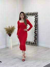 فستان ضيق بأزرار من قماش الكريب - أحمر | Giyim Masalı