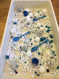 Preschool Winter Sensory Table Pom Poms Snowflake Sequins Glass Beads White Pinecones Etc Winter Preschool Winter Kindergarten Winter Sensory Bin