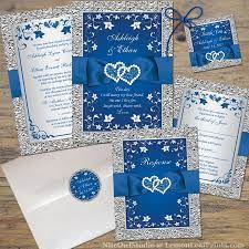 Royal Blue Wedding Invitation Faux Foil Silver Floral Printed Ribbon Bow Double Hearts Blue Wedding Invitations Royal Blue Wedding Invitations Blue Wedding Decorations