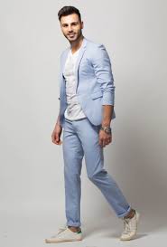 A powder blue shirt is the brighter, more lively version of its classic white counterpart. Men S Light Blue Suit White Crew Neck T Shirt White Leather Low Top Sneakers Silver Watch Lookastic