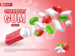Download Chewing Gum With Strawberry And Green Leaves On Blurred Red Gradient Advertising Composition Realistic For Free Chewing Gum Gum Strawberry