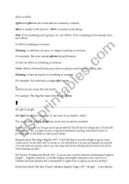 Effect is usually a noun, an effect is the result of a change. English Worksheets Confusing Words