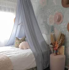 Headboard and footboard are upholstered in chunky ivory knit fabric. Kids Bedroom And Nursery Canopy Grey Drape