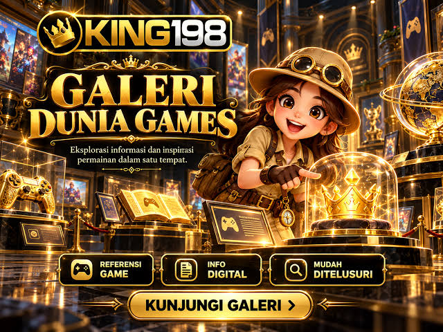Banner KING198 dengan gladiator berzirah emas di arena koloseum hitam, sorotan cahaya emas, dan mahkota kerajaan.