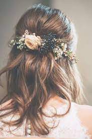 Wedding Hairstyles Up Half Up Down With Braid And Flowers Wedding Hairstyles Half Up Half Down Long Sho Short Wedding Hair Wedding Hair Half Medium Hair Styles