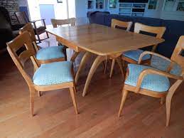 The finish was shot, but the table was in great shape, so we are having it refinished. Heywood Wakefield Refinished Wishbone Dining Table And Chairs Dining Dining Table Chairs Dining Table