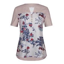 Womens Floral Buttons Short Sleeve V Neck Loose Patchwork Casual Blouse