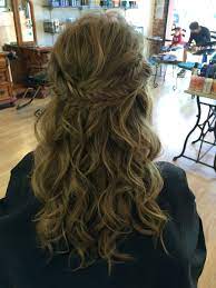 Prom Hair Half Up Medium To Long Hair Fishtail Braid Curly Blonde Brunette Long Hair Styles Hair Styles Blonde Prom Hair