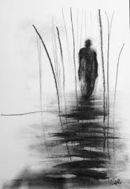 Charcoal A3 Water Reflection Of A Man Leaving The Scene Idea That The Vertical Crooked Lines Are Emotions I Water Reflections Crooked Line Abstract Artwork